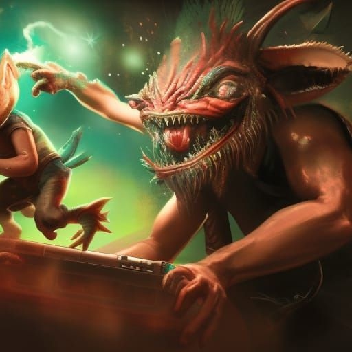 Hyperrealistic Gremlin Gamer in Splash Art Style