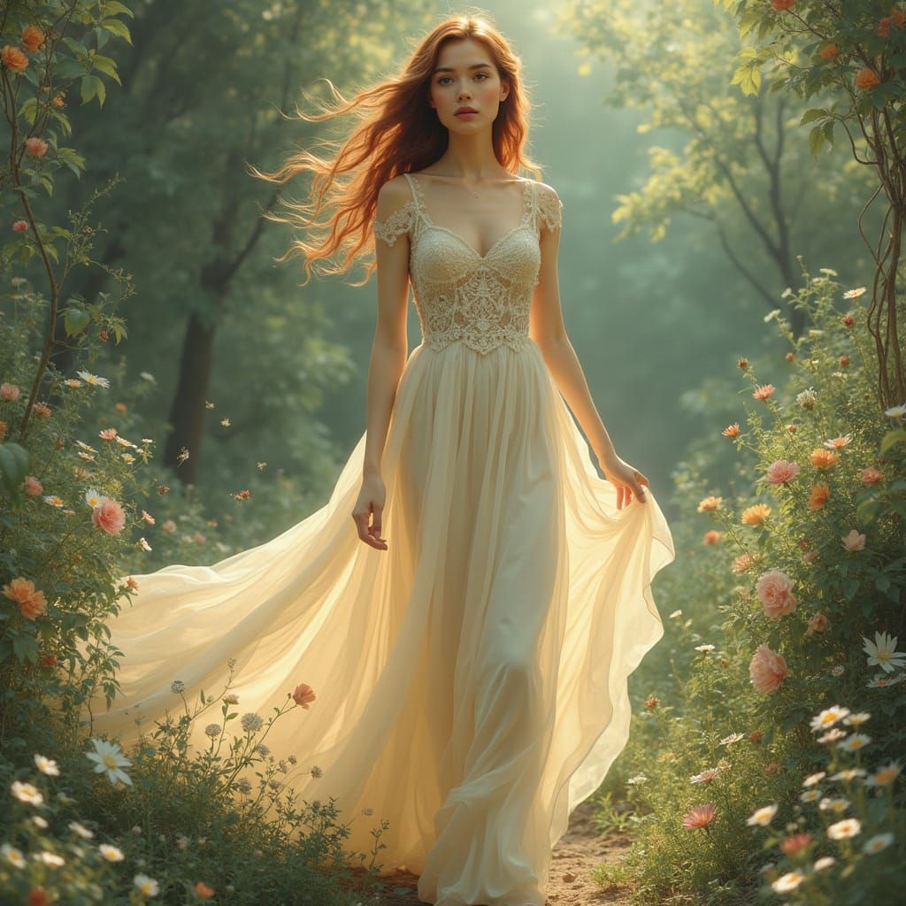 Elegant Lady in Garden: Alphonse Mucha Style