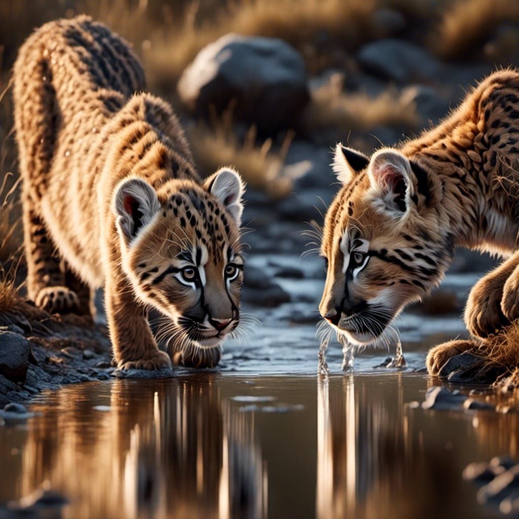 Puma Cubs Drinking: Hyperrealistic Animal Portrait