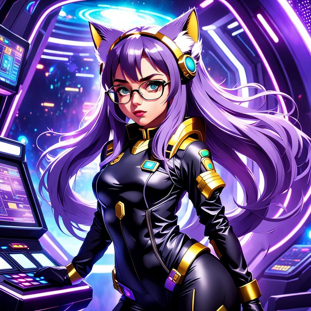 Cat-Eared Science Officer in Flat Manga Style