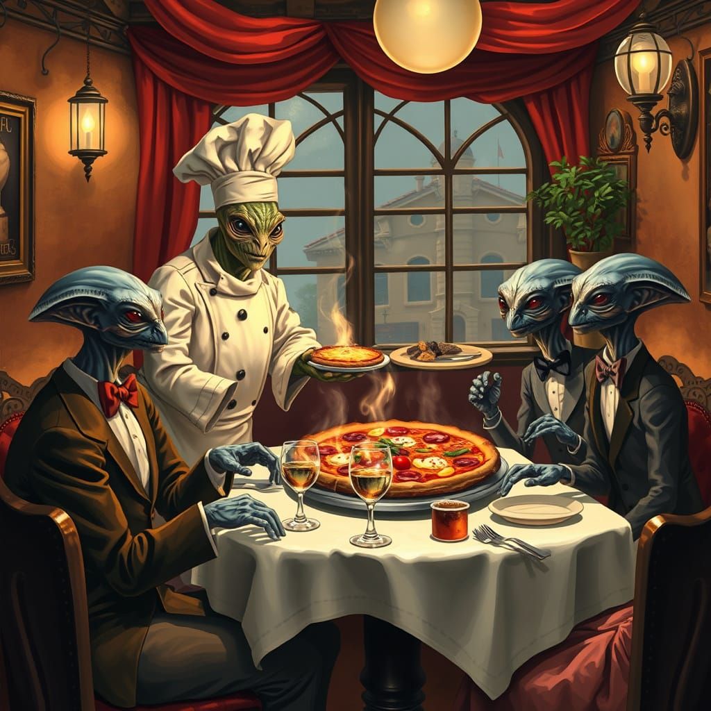 Aliens Enjoy Gourmet Meal in Italian Restaurant
