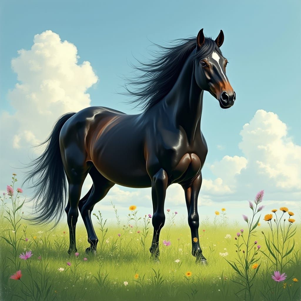 Majestic Black Horse in Vibrant Meadow