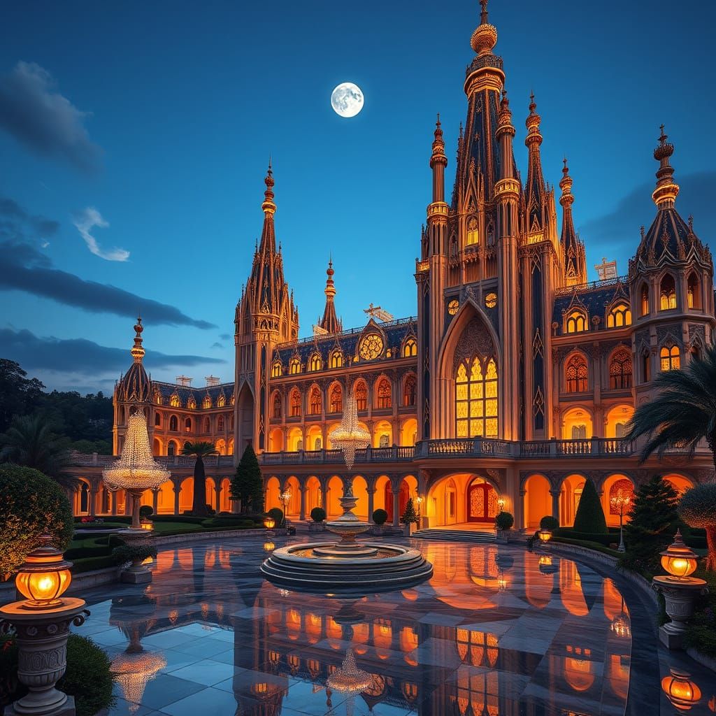 Grand Baroque Mega Mansion with Crystal Chandeliers and Moon...