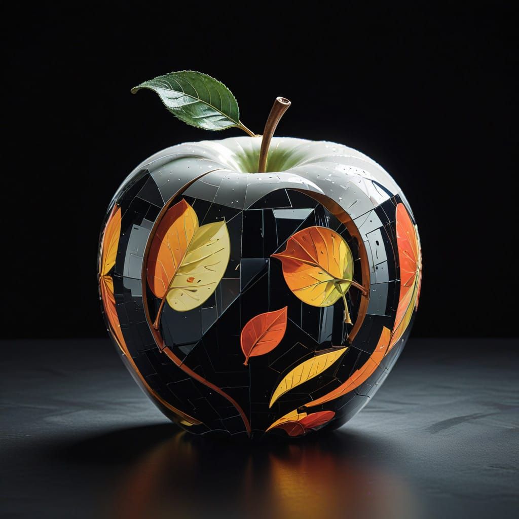 Stark White Apple Against Black Background in Cubist Art Dec...