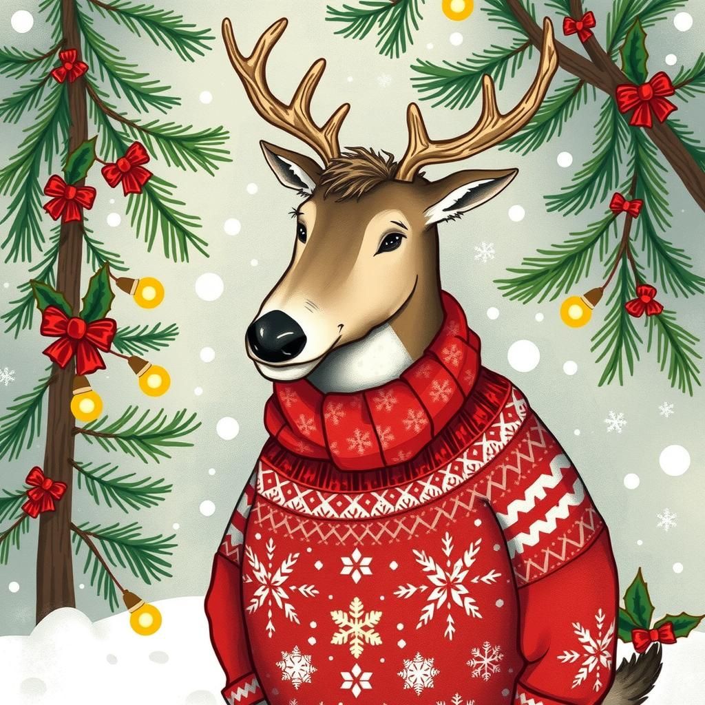 Reindeer in Winter Sweater, Storybook Illustration
