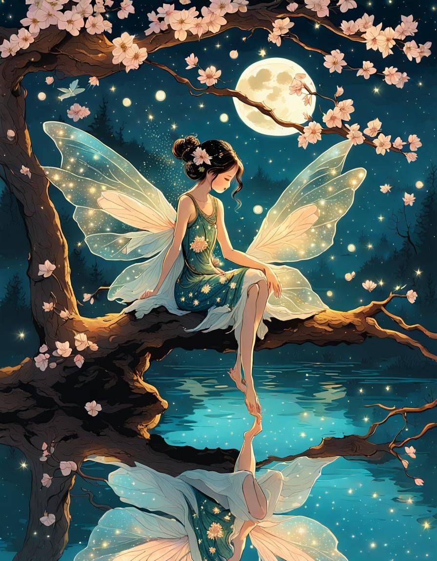 Spring Fairy on Cherry Blossom Branch