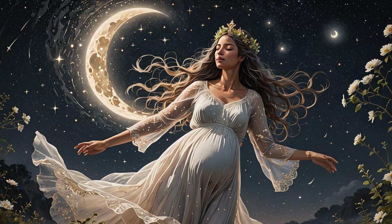 Pregnant Woman Dancing Under Meteors in Neon Synthwave