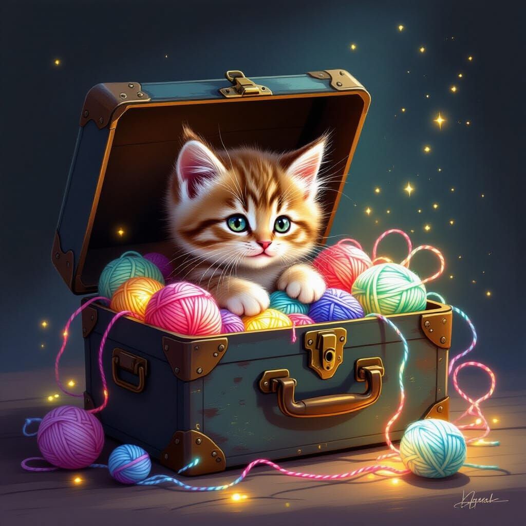 Whimsical Kitten in Magical Yarn-Filled Toolbox