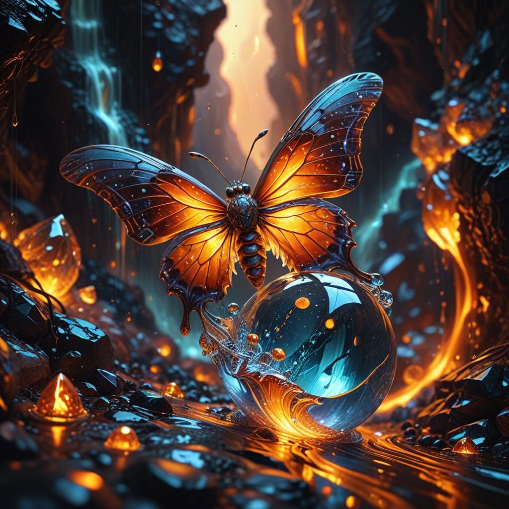 Crystal Moth in Amber Droplet: Surreal Digital Art