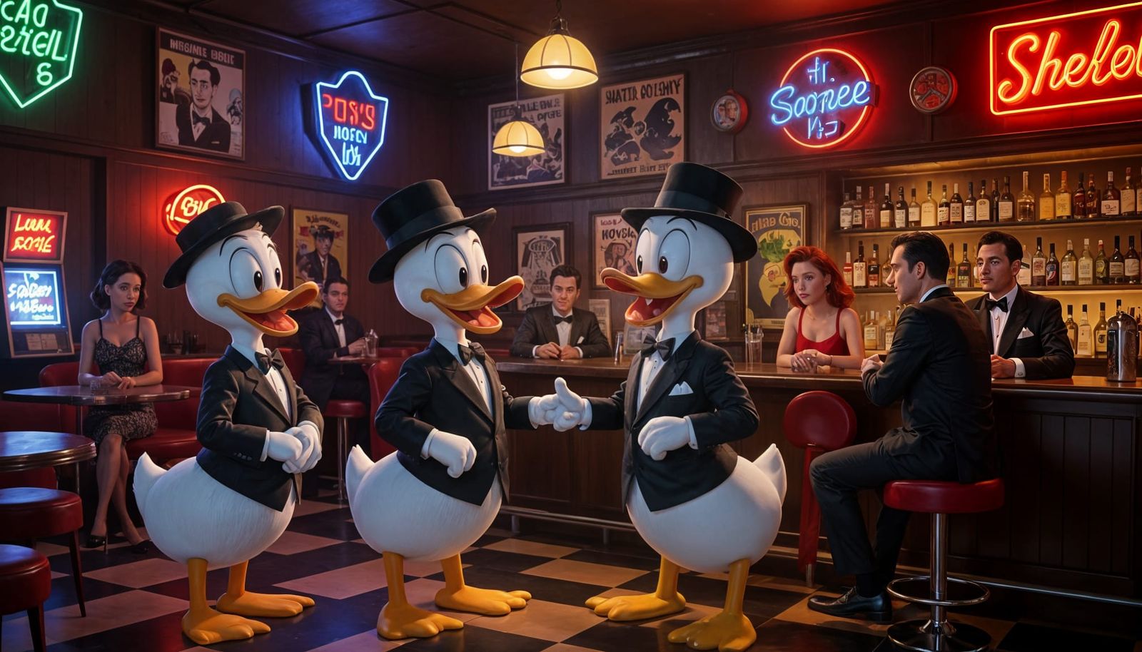 Cartoon Ducks and Humans in Bar, Roger Rabbit Style