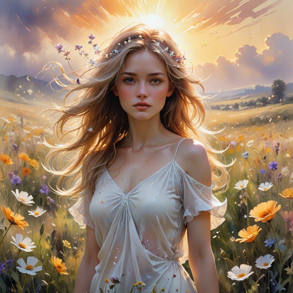 Ethereal Woman in Floral Field, Watercolor Concept Art