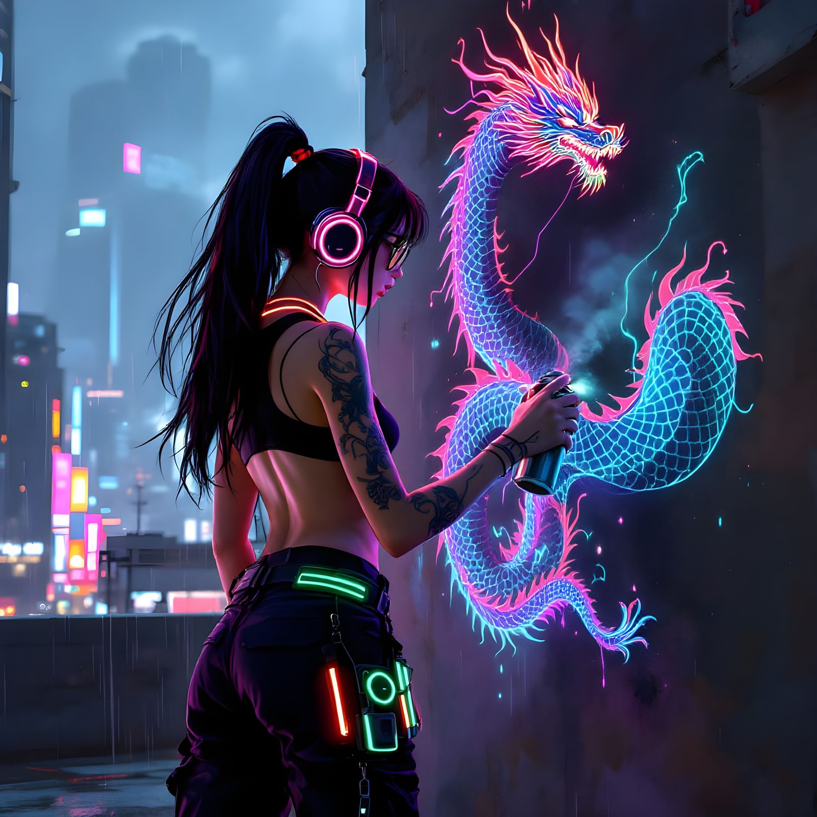 Anime Woman Sprays Neon Dragon Graffiti on Cyberpunk Rooftop