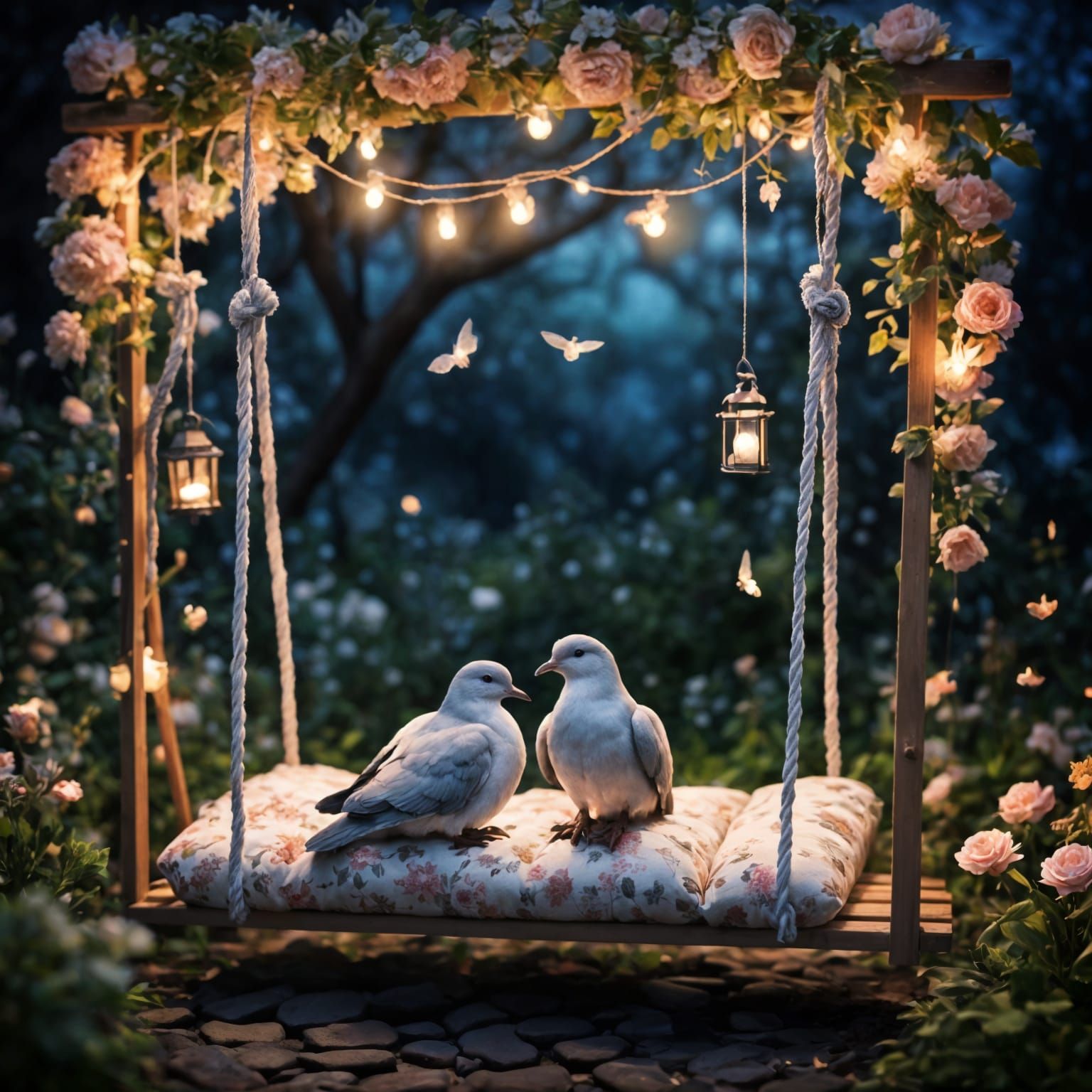Whimsical Nighttime Garden Scene in Hyperdetailed Style