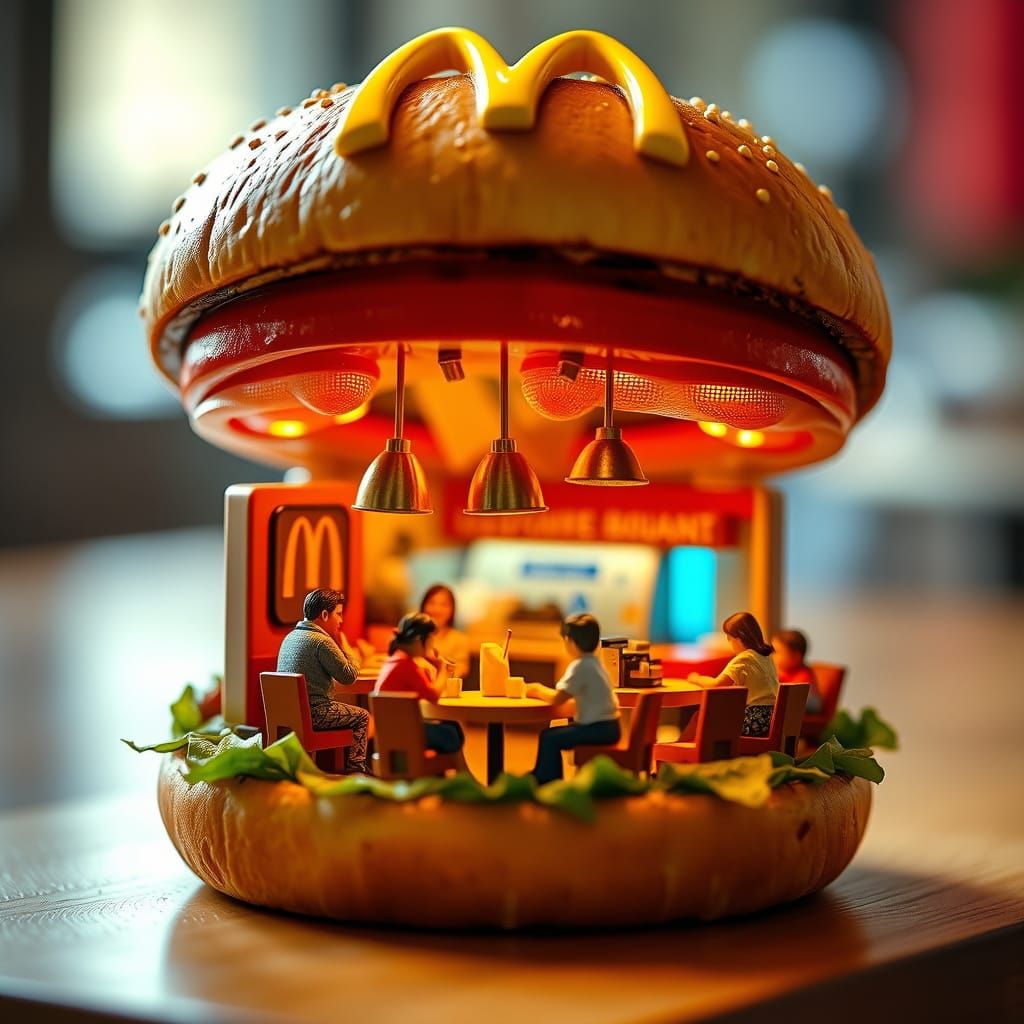 Surreal Miniature McDonald's Scene Inside a Burger, Warm and...