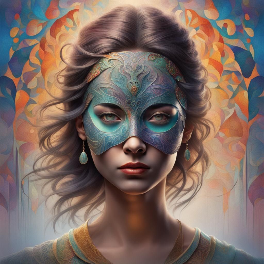 Serene Woman in Mask: Greg Rutkowski Style Portrait
