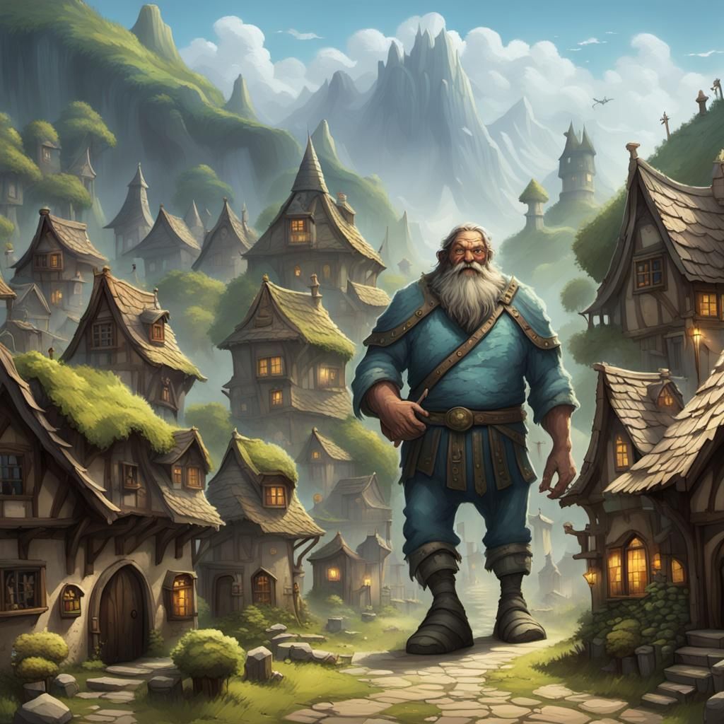 A huge giant walking nonchalantly through a fantasy village.