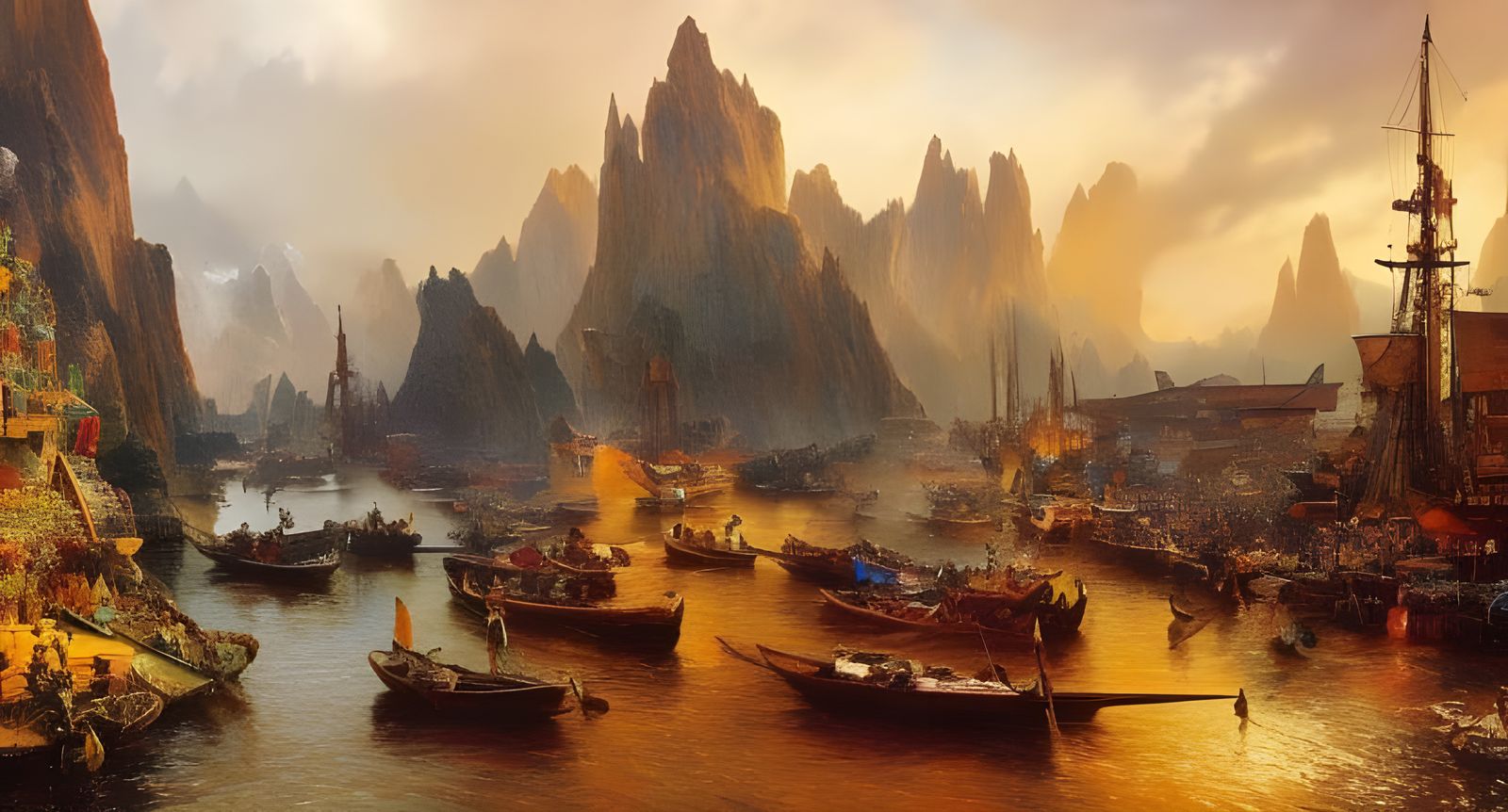 Abstract River Port with Magical Light Particles