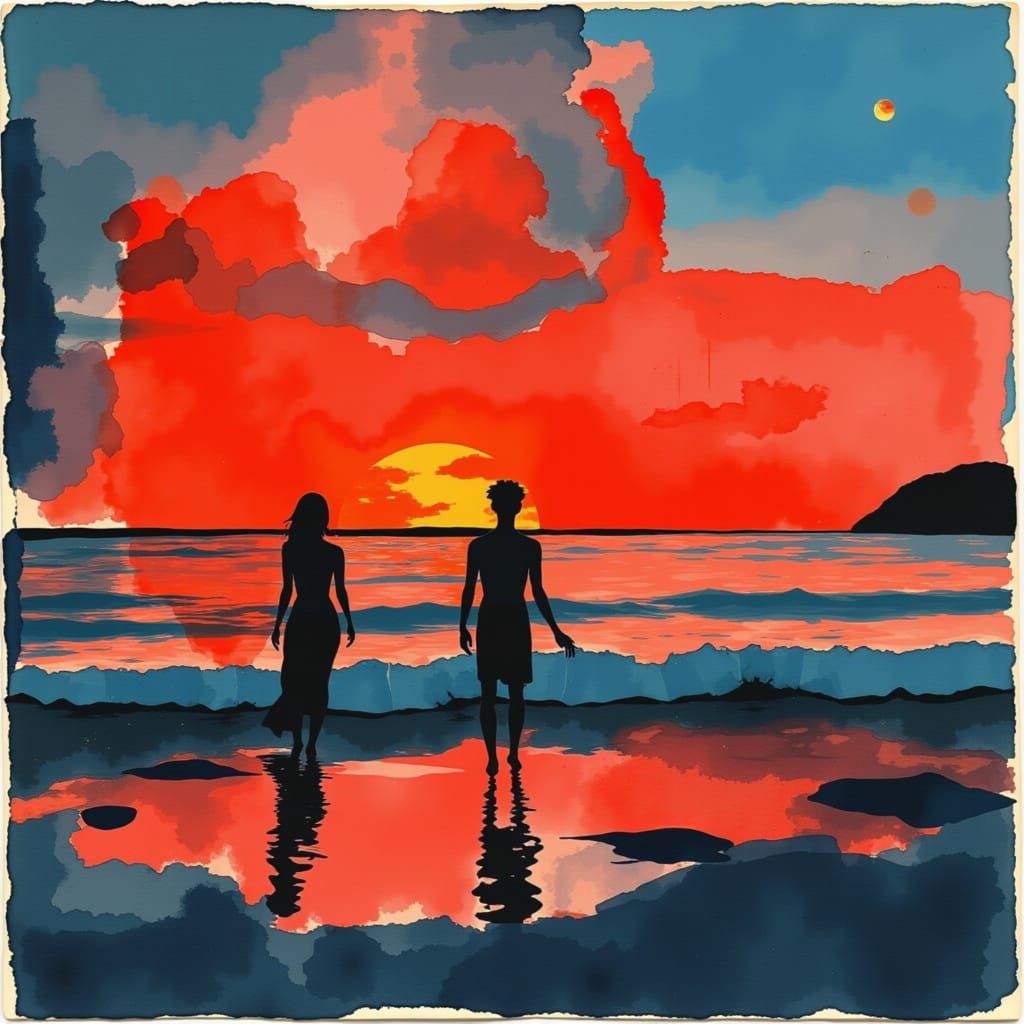 Malaysian Beach Temple Under a Red Sun