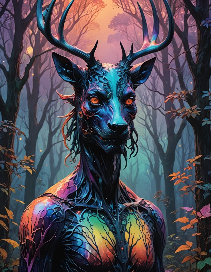Opalescent Wendigo in Rainbow Grove: Dark Academia Art