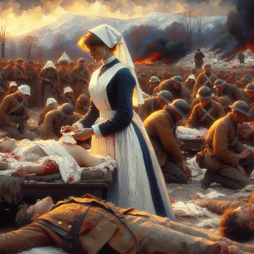 Nurse on Battlefield: Impressionist Gouache Painting