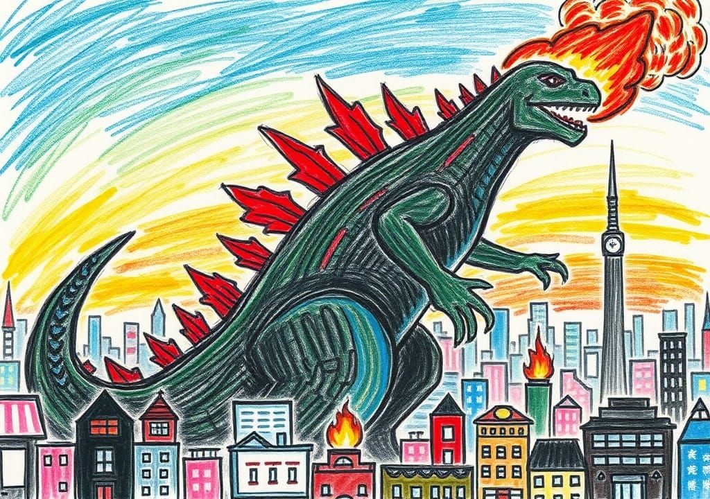 Godzilla Destroys Tokyo: Childlike Crayon Art