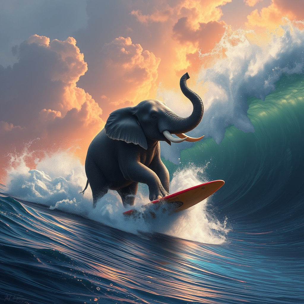 Elephant Surfing a Wave in Dreamlike Ocean