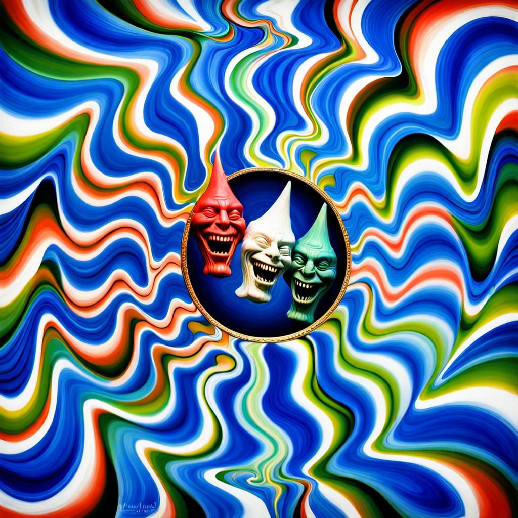 two crazy jesters laughing, H.R. Giger, psychedelic 3D chess...