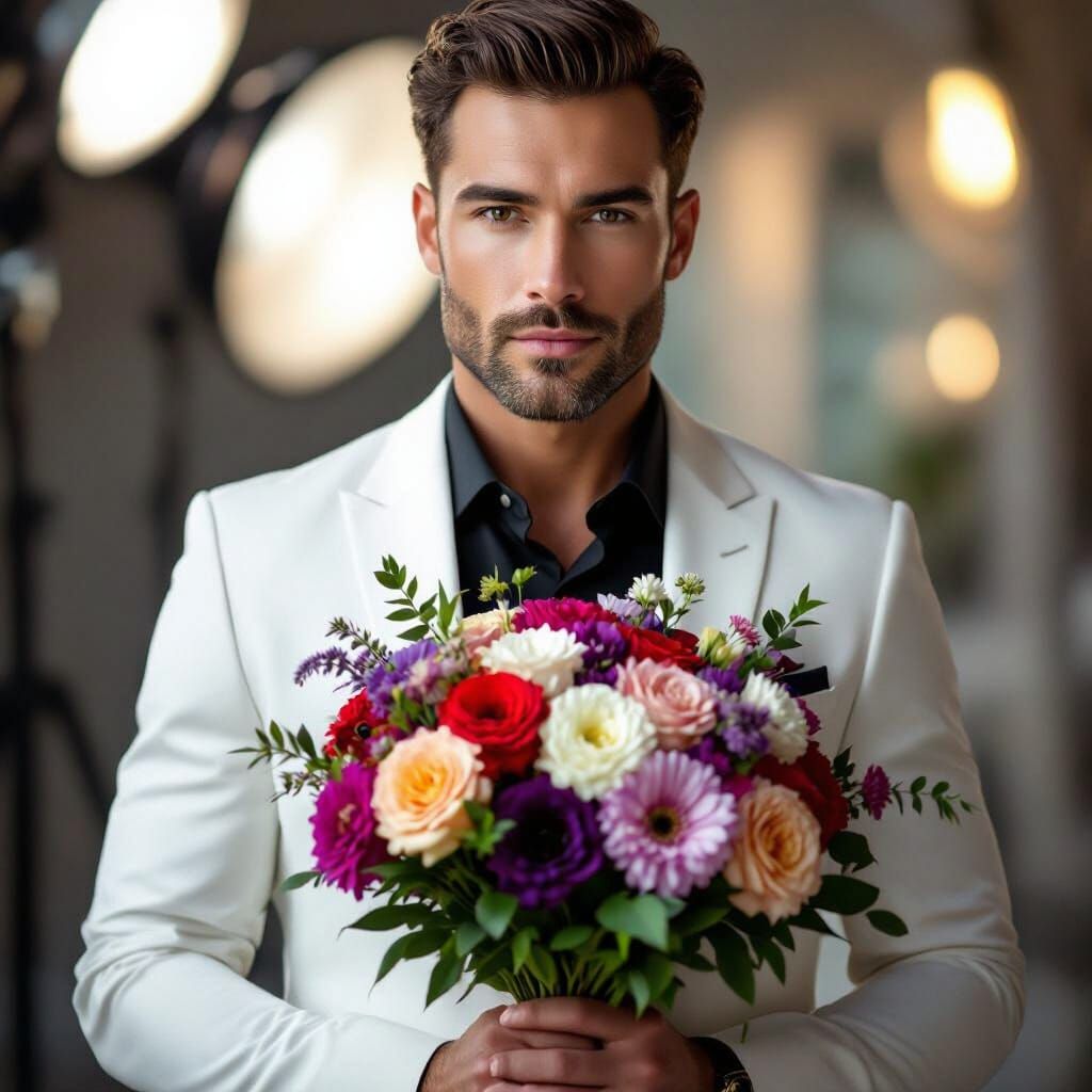 Man in White Suit Holding Flowers