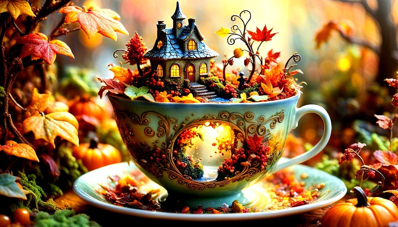 Autumn Fairy Tale Scenes in Steamy Teacups