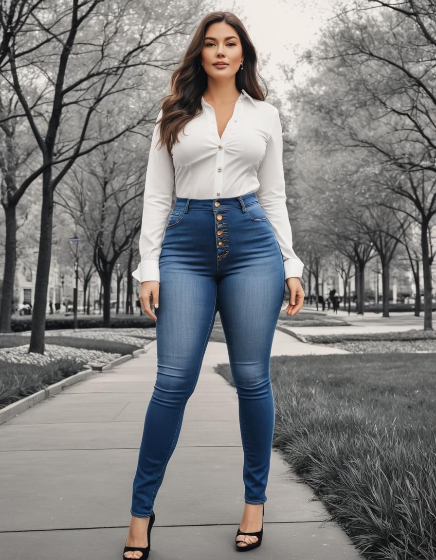 Curvy Businesswoman in City Park: Oil and Ink Drawing