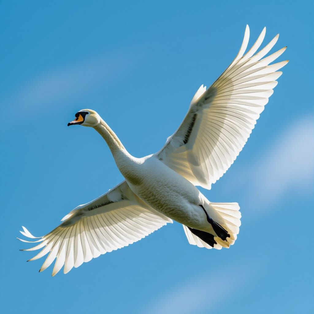 Majestic Swan Soars in Crystal Clear Blue Sky