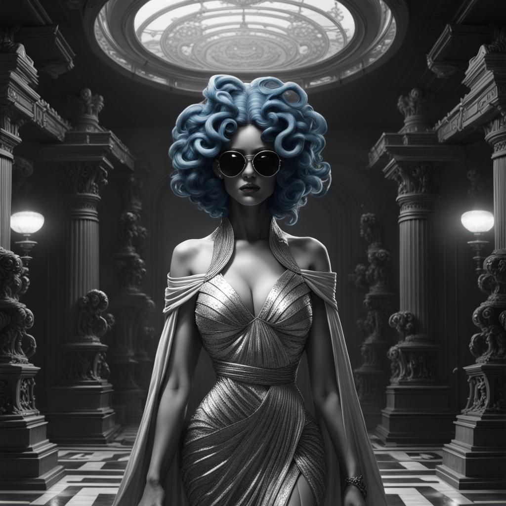 Translucent Blue Medusa in Sunglasses, Digital Art