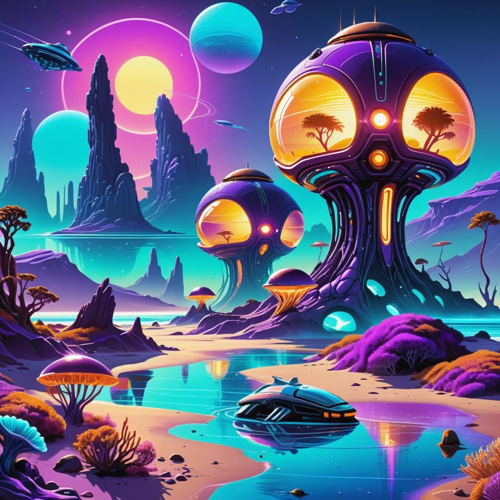 Retro-Futuristic Bioluminescent Beach Travel Poster