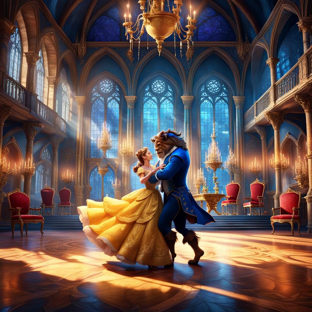 Beauty and the Beast Dancing in Enchanted Ballroom
