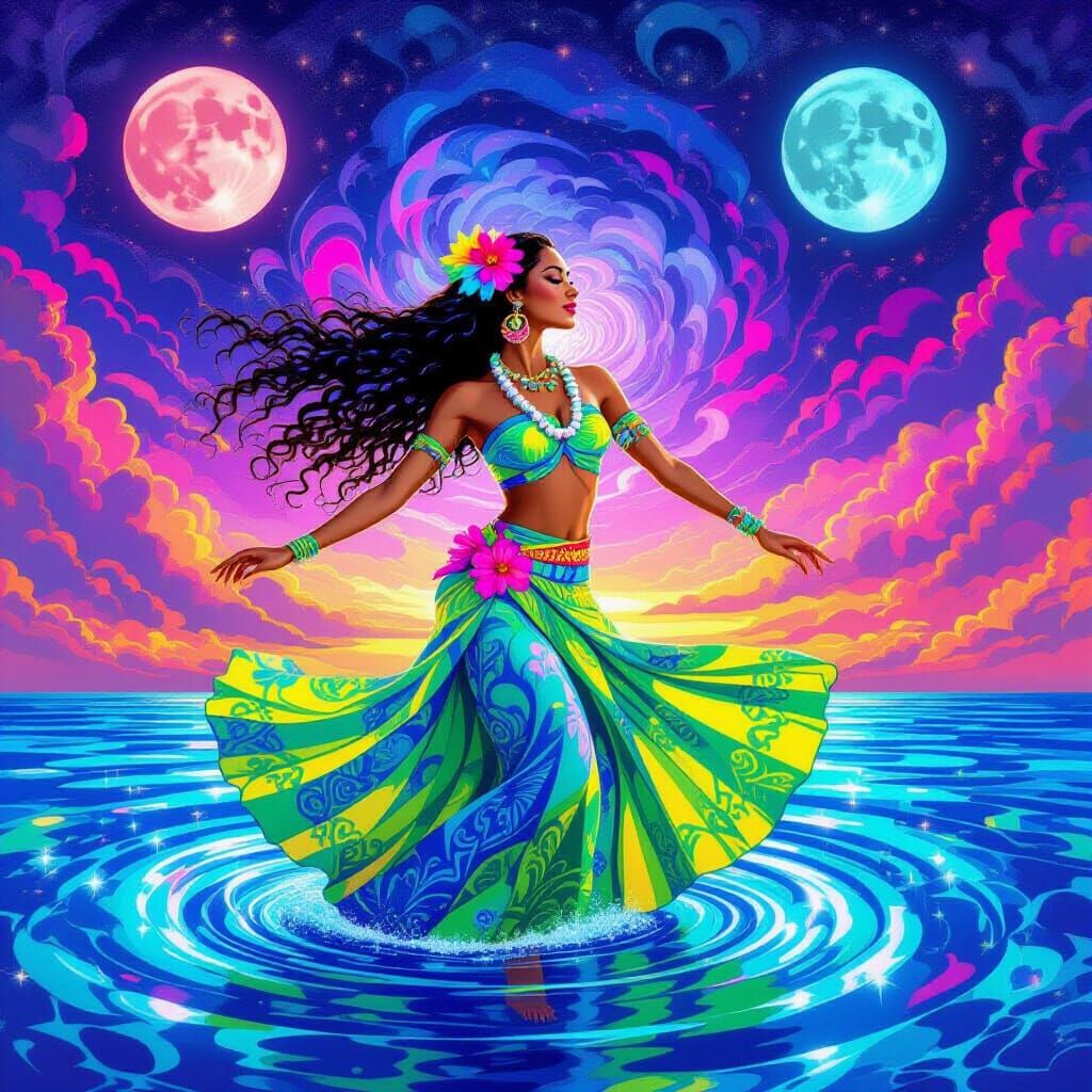 Psychedelic Hula Dancer in Neon Ocean