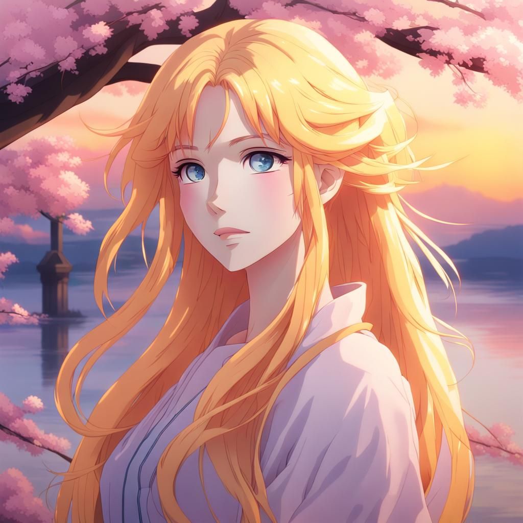 Anime Girl with Yellow Hair in Sunrise