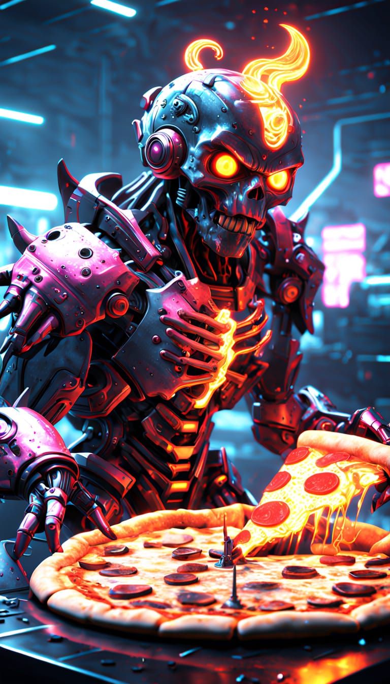 Cybernetic Pizza Monster in Cyberpunk Anime Style