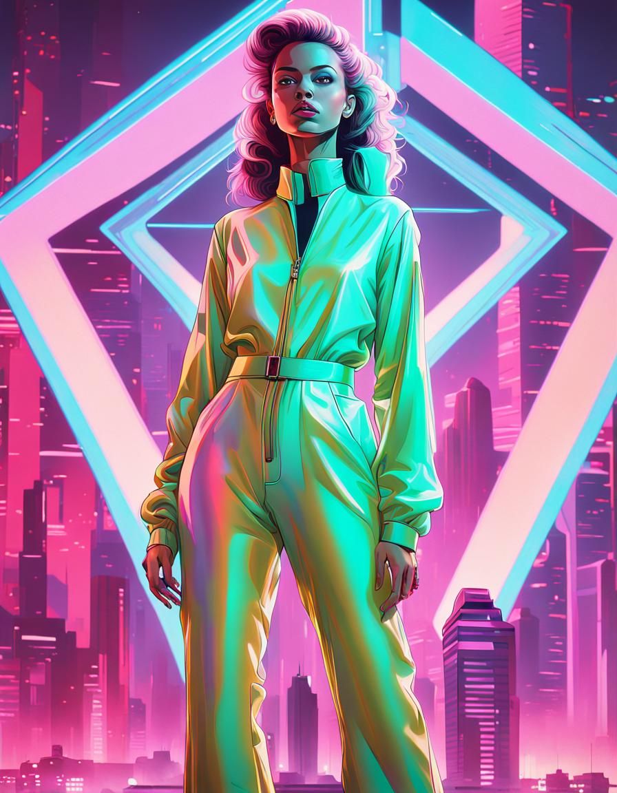 Retrofuturistic Woman in Neon Cityscape, Digital Painting