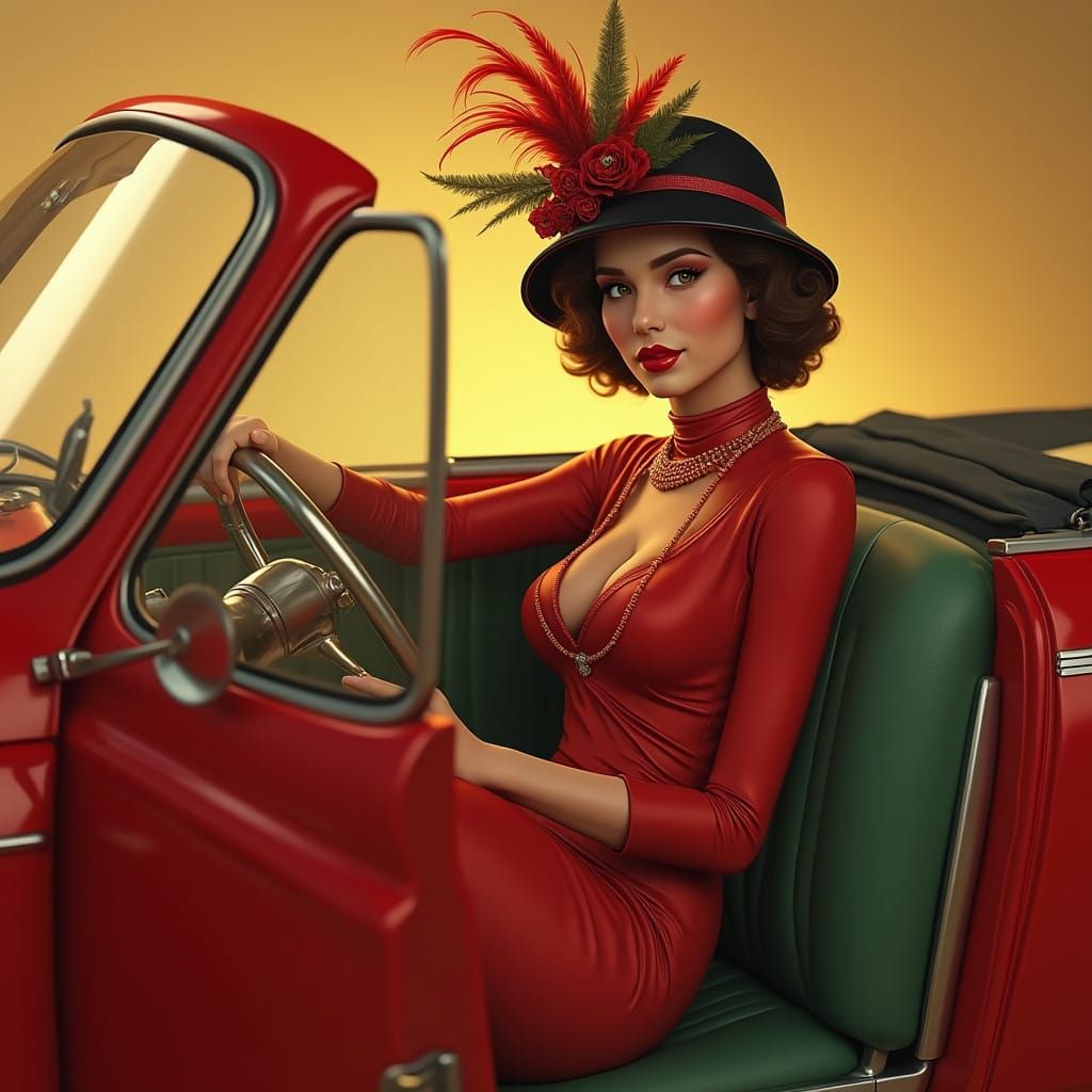 Refined Lady in Vintage Red Fiat 500, Style of Tamara de Lem...
