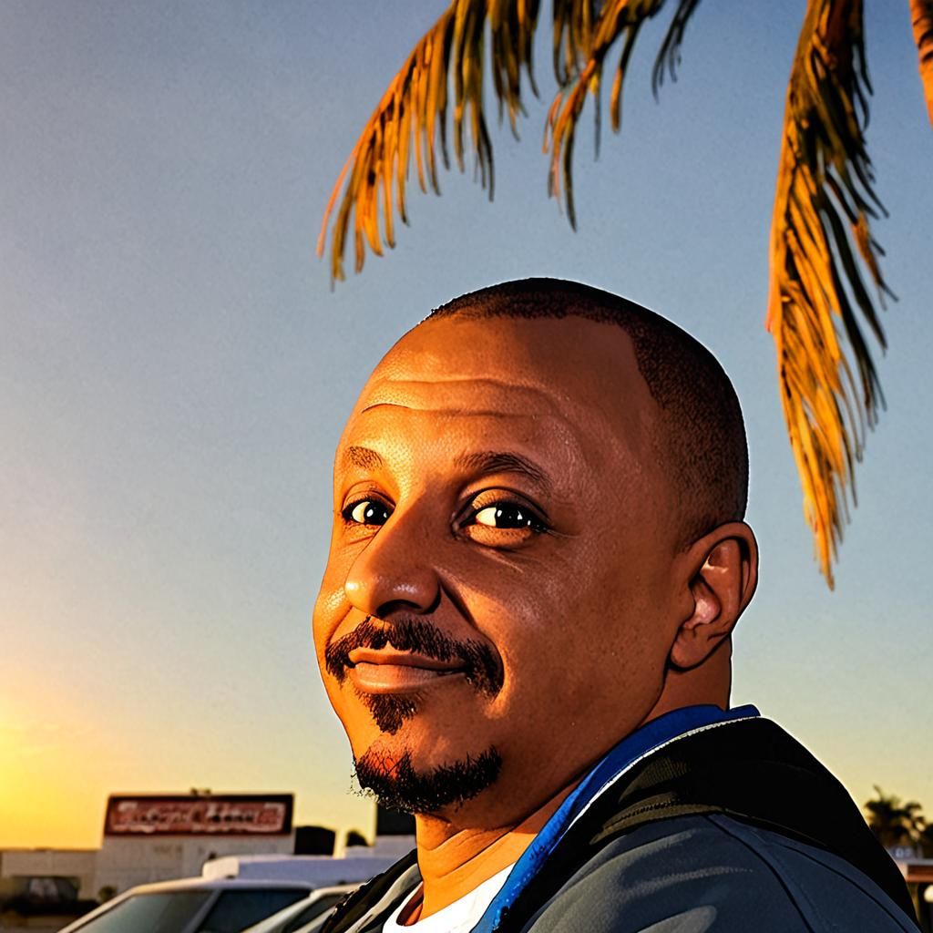 West Coast Sunset with Palm Trees and Lowriders