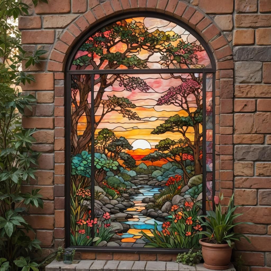 Stained Glass Japanese Garden Sunset in Alcohol Ink Style