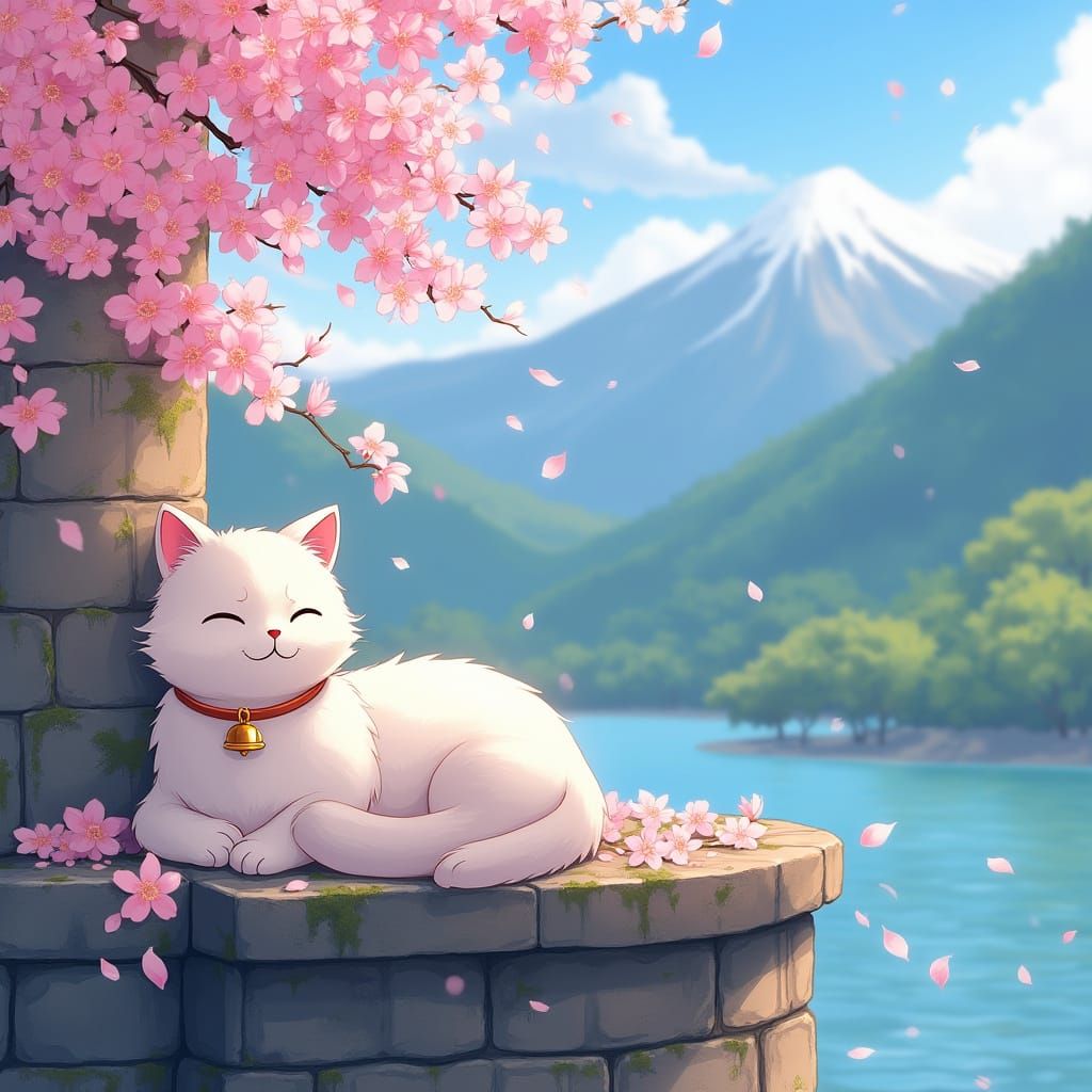 Serene Cat in Cherry Blossom Haven