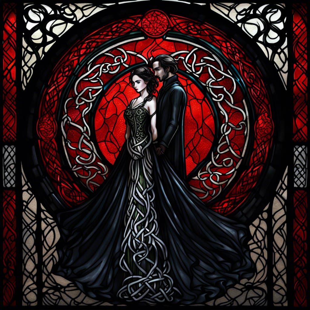 Stained Glass Celtic Scene with Shadow Man in HDR