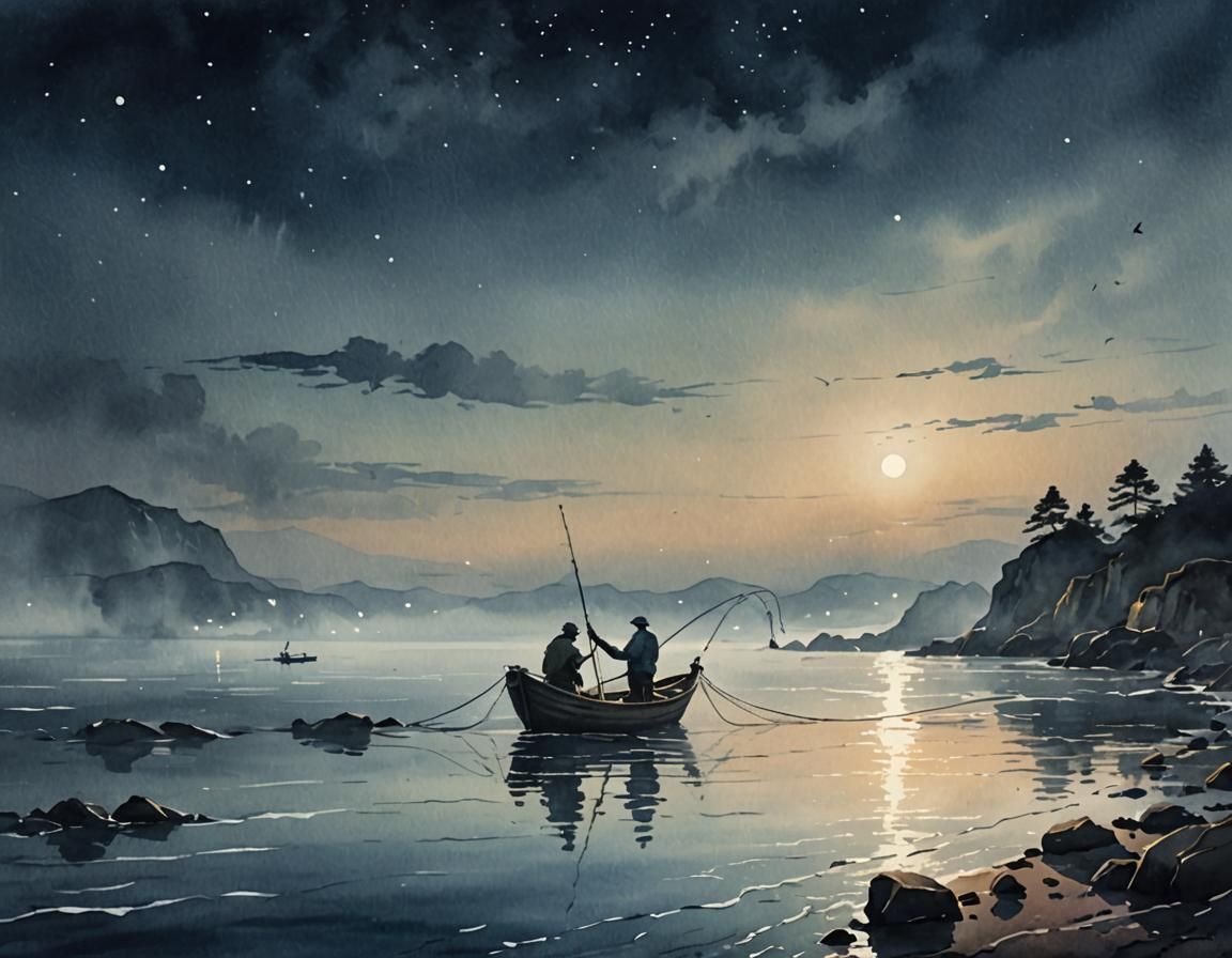 Fisherman Casting Net at Night in Watercolor Style