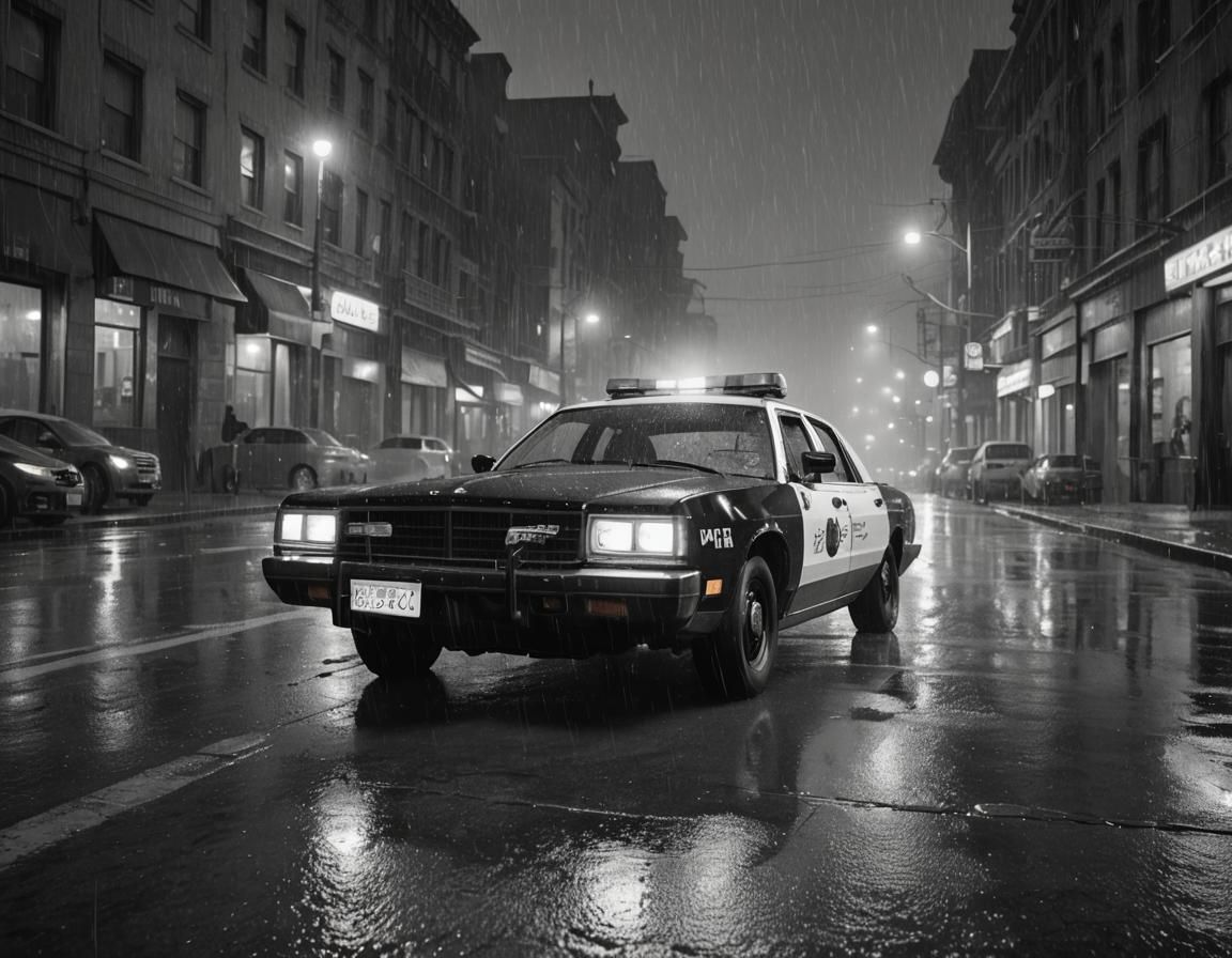 Monochrome Police Car in Rainy City Street