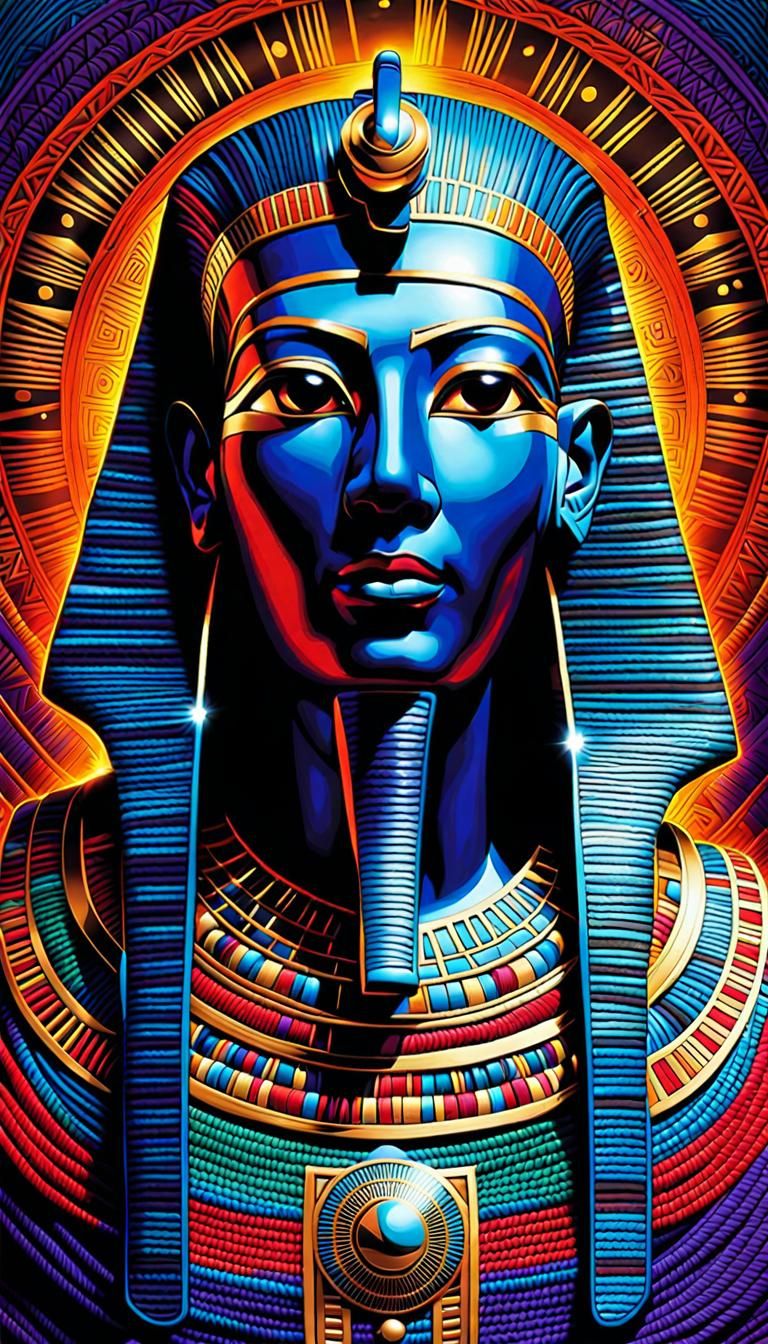 An Egyptian mummy wrapped in colored string, you can distinctly see the individual strands enwrapping his body.