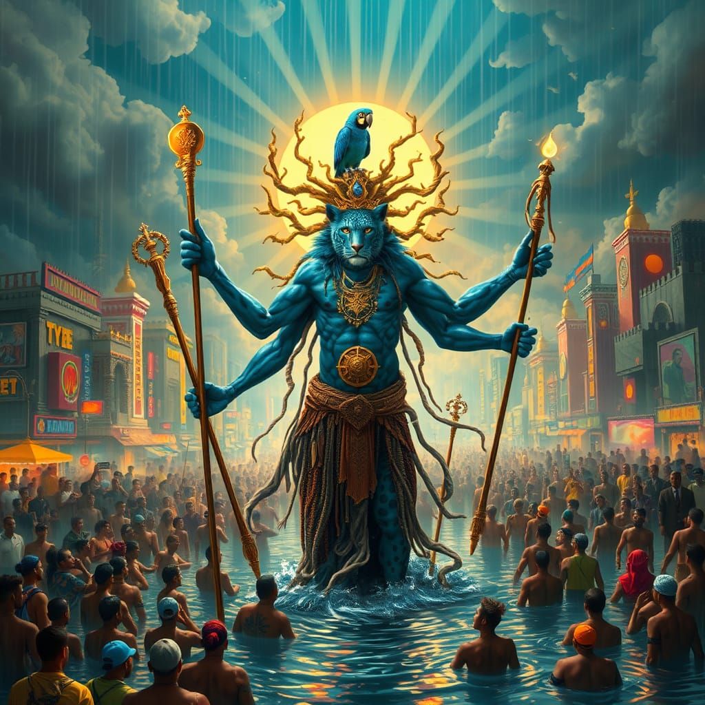 Mystical Blue Leopard Shaman in Flooded Cityscape