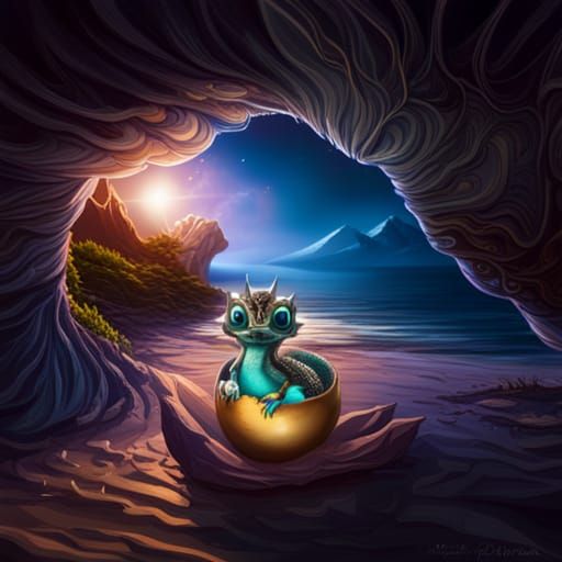 Teal and Gold Dragon Hatching on Seashore