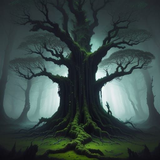 Colossal Ancient Tree Reaching Nebula Sky in Surreal Dark Fa...