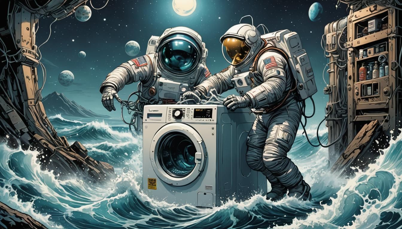 Washing Machine Spacesuit in Ocean: Comic Book Art